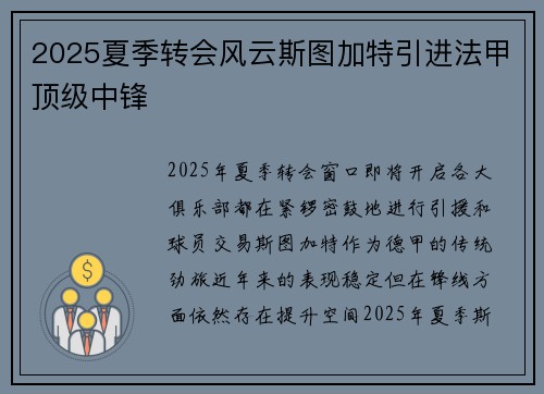 2025夏季转会风云斯图加特引进法甲顶级中锋