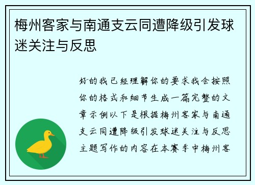梅州客家与南通支云同遭降级引发球迷关注与反思